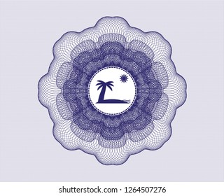Blue passport style rosette with beach icon inside