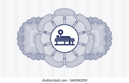 Blue passport style rosette with bench press icon inside