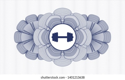 Blue passport style rosette with big dumbbell icon inside