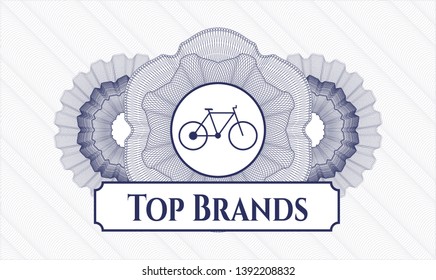 Blue passport style rosette with bike icon and Top Brands text inside