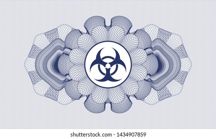 Blue passport style rosette with biohazard icon inside