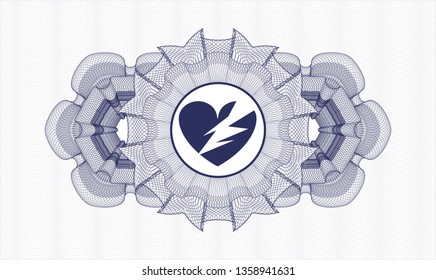 Blue passport style rosette with broken heart icon inside