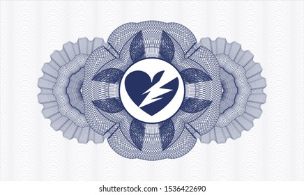 Blue passport style rosette with broken heart icon inside