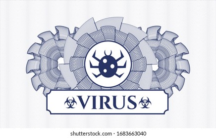 Blue passport style rosette with bug icon and Virus text inside