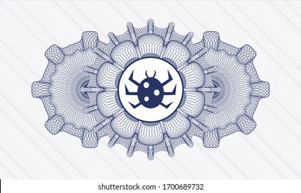 Blue passport style rosette with bug icon inside