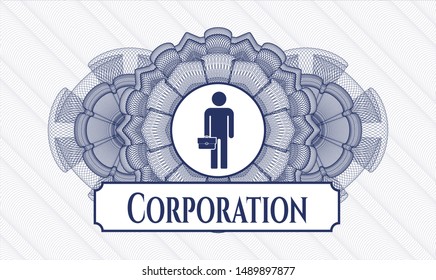 Blue passport style rosette with businessman holding briefcase icon and Corporation text inside