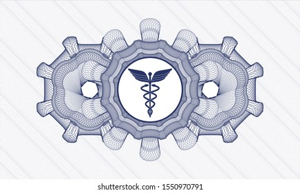 Blue passport style rosette with Caduceus medical icon inside