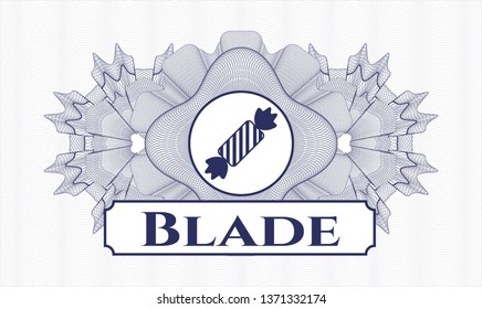 Blue passport style rosette with candy icon and Blade text inside