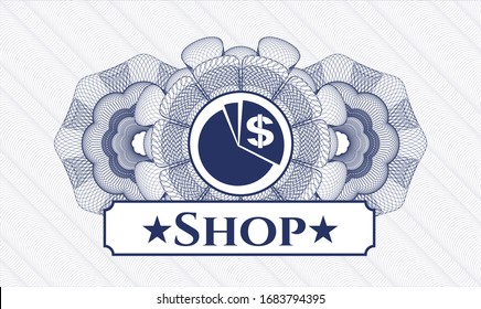 Blue passport style rosette with chart icon and Shop text inside