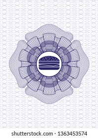 Blue passport style rosette with cheeseburger icon inside