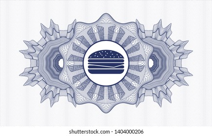 Blue passport style rosette with cheeseburger icon inside