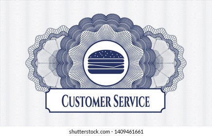 Blue passport style rosette with cheeseburger icon and Customer Service text inside