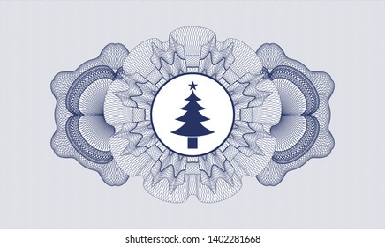 Blue passport style rosette with christmas tree icon inside