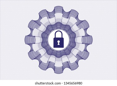 Blue passport style rosette with closed lock icon inside