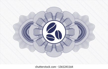 Blue passport style rosette with coffee bean icon inside