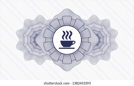 Blue passport style rosette with coffee cup icon inside