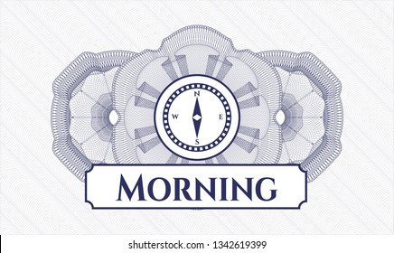 Blue passport style rosette with compass icon and Morning text inside