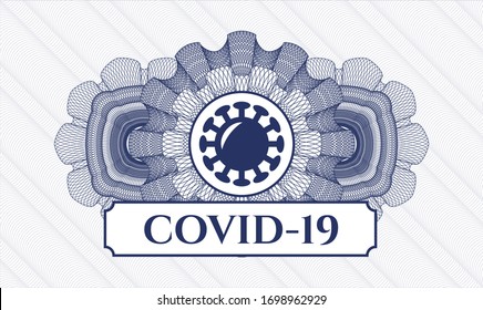 Blue passport style rosette with coronavirus icon and COVID-19 text inside