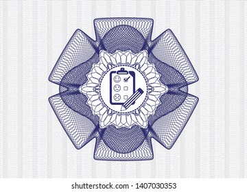Blue passport style rosette with customer feedback icon inside