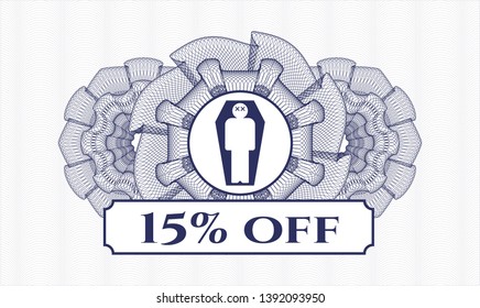 Blue passport style rosette with dead man in his coffin icon and 15% off text inside