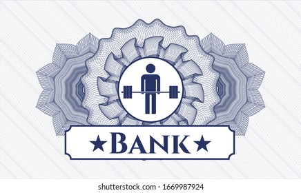 Blue passport style rosette with deadlift icon and Bank text inside