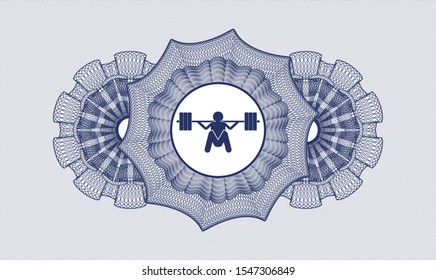 Blue passport style rosette with deep squat icon inside