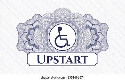 Blue passport style rosette with disabled (wheelchair) icon and Upstart text inside