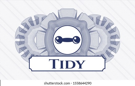 Blue passport style rosette with dumbbell icon and Tidy text inside