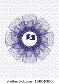 Blue passport style rosette with flag with money symbol inside icon inside