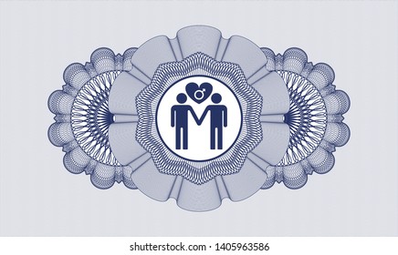 Blue passport style rosette with gay men love icon inside