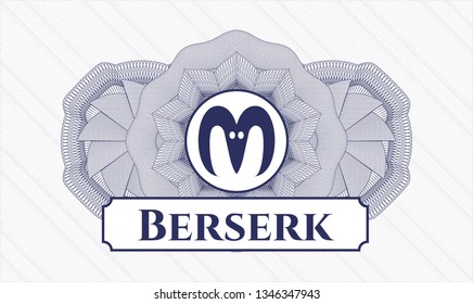 Blue passport style rosette with goat head icon and Berserk text inside