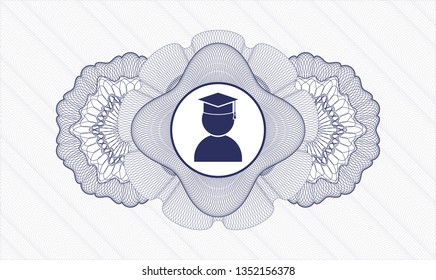 Blue passport style rosette with graduation icon inside