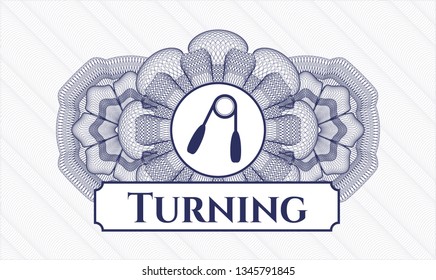 Blue passport style rosette with hand gripper icon and Turning text inside