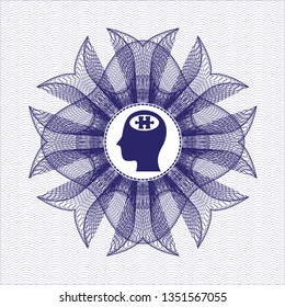 Blue passport style rosette with head with jigsaw puzzle piece icon inside