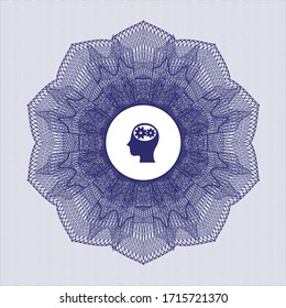Blue passport style rosette. with head with gears inside icon inside