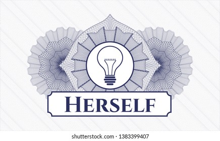 Blue passport style rosette with idea icon and Herself text inside
