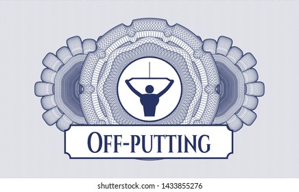 Blue passport style rosette with lat pull down, exercise icon and Off-putting text inside