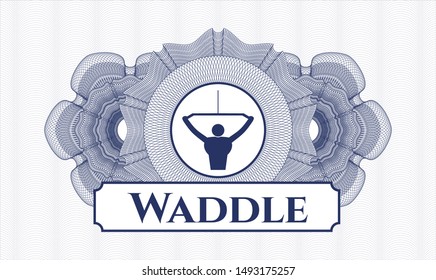 Blue passport style rosette with lat pull down, exercise icon and Waddle text inside