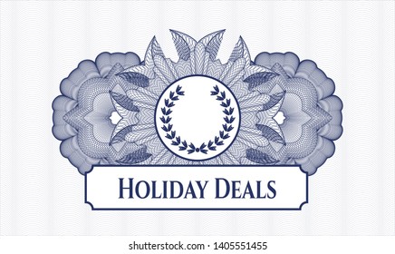 Blue passport style rosette with leaf crown icon and Holiday Deals text inside