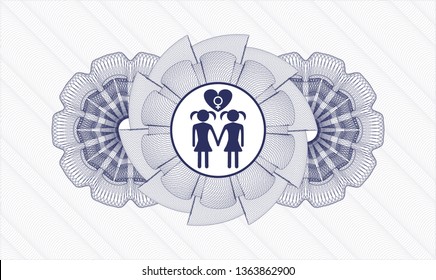 Blue passport style rosette with lesbian love icon inside