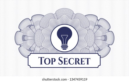 Blue passport style rosette with light bulb icon and Top Secret text inside