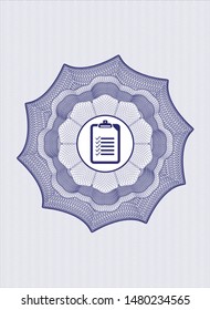 Blue passport style rosette with list icon inside