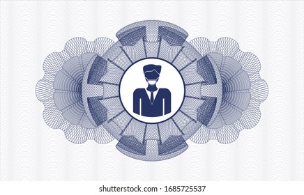 Rosette im Stil eines blauen Reisepasses mit einem Symbol für Gesichtsmaske