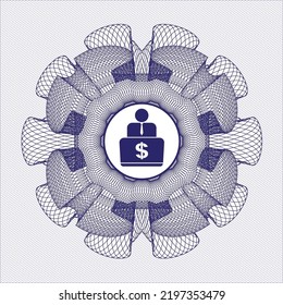 Blue passport style rosette. with man working on computer icon inside