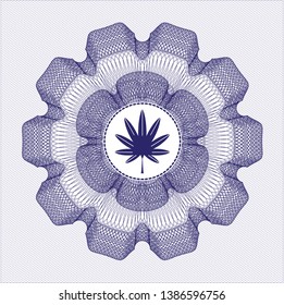 Blue passport style rosette with marijuana leaf, weed icon inside