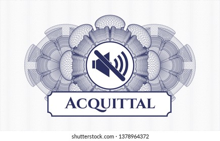 Blue passport style rosette with mute icon and Acquittal text inside