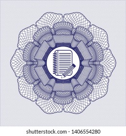 Blue passport style rosette with notebook with pencil icon inside