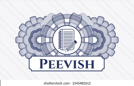 Blue passport style rosette with notebook with pencil icon and Peevish text inside