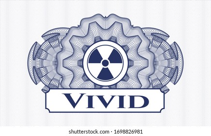 Rosette estilo pasaporte azul con ícono nuclear, radioactivo y texto Vivid dentro
