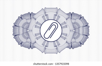 Blue passport style rosette with paper clip icon inside